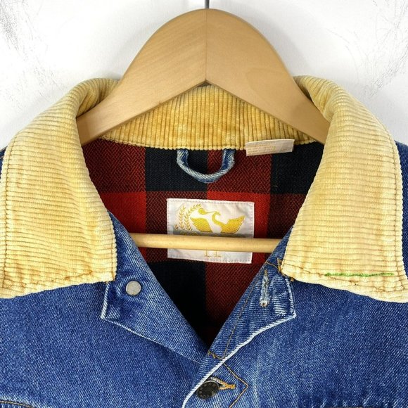 Vintage WINGARS Mens Size Medium Trucker Denim Jean Jacket Red Plaid Lining - Picture 2 of 6